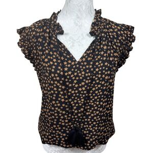 Sen Black Brown Star Ruffled V-Neck Tassel Flutter Sleeve Blouse Top Womens M